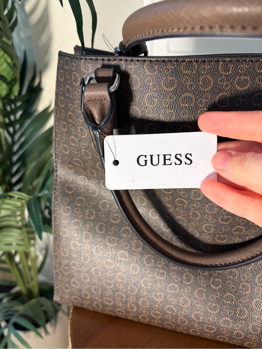 Guess Brown Monogram Satchel with Silver Accents - Picture 4 of 8
